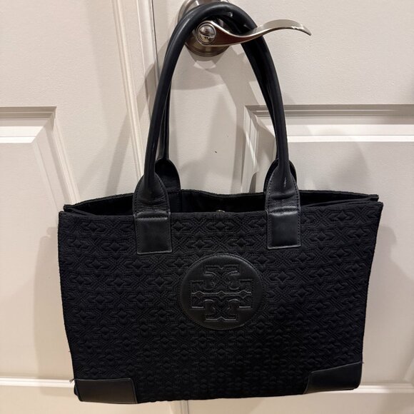 Tory Burch Monogrammed embossed/quilted black Nylon tote with black leather - Picture 1 of 3